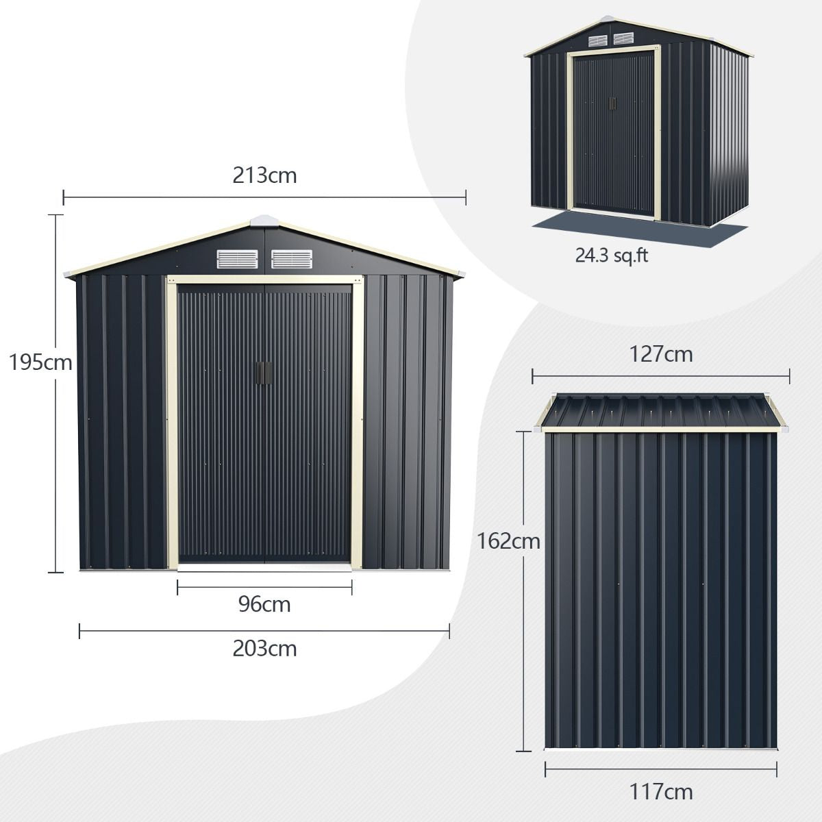 Abri De Jardin En Métal 4,07 ㎡ 213 X 191 X 195 Cm/2,71 ㎡ 213 X 127 X 195 Cm/1.36 ㎡ 213 X 64 X 195 Cm Avec 2 Portes Coulissantes Verrouillables 4 Trous D’Aération Gris Pour Vélo