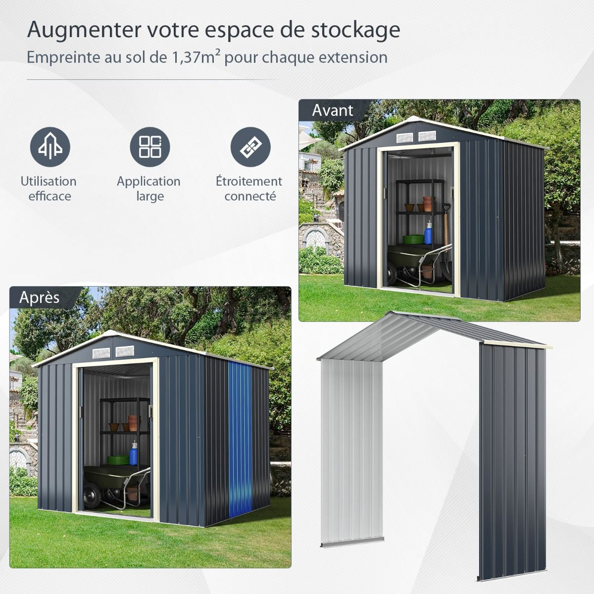 Abri De Jardin En Métal 4,07 ㎡ 213 X 191 X 195 Cm/2,71 ㎡ 213 X 127 X 195 Cm/1.36 ㎡ 213 X 64 X 195 Cm Avec 2 Portes Coulissantes Verrouillables 4 Trous D’Aération Gris Pour Vélo