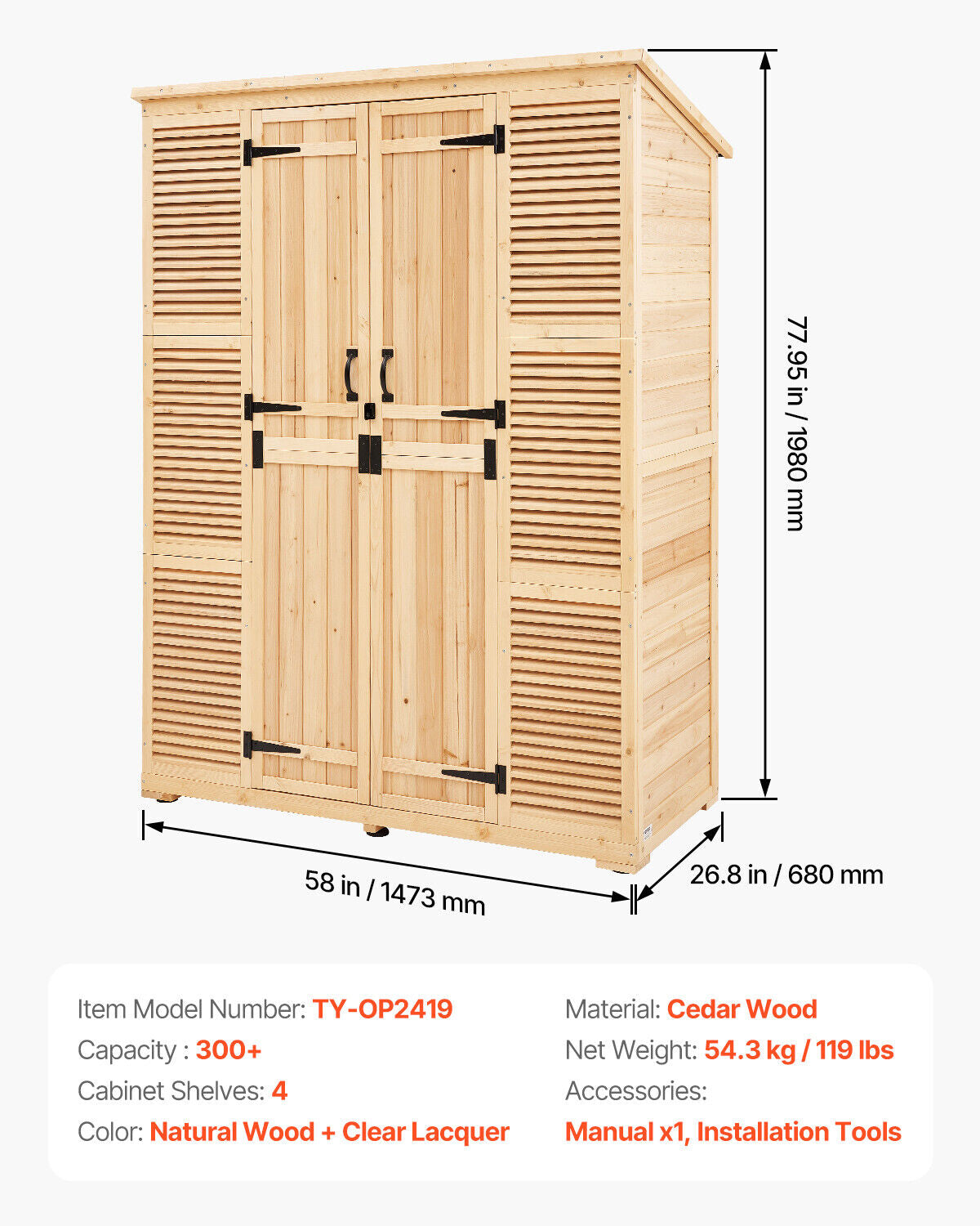 VEVOR Abri De Jardin Rangement Outils En Bois Étanche Verrouillable 1473X1980 Mm