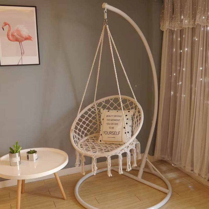 Nordic Style Hanging Basket Ins Hanging Chair Hammock Cotton Rope Woven Hanging Basket Tassel Swing Outdoor for Child Adult