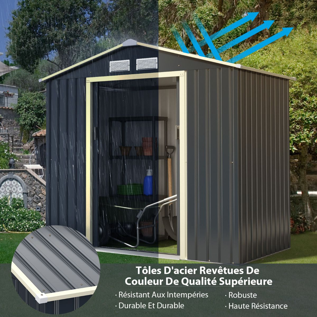 Abri De Jardin En Métal 4,07 ㎡ 213 X 191 X 195 Cm/2,71 ㎡ 213 X 127 X 195 Cm/1.36 ㎡ 213 X 64 X 195 Cm Avec 2 Portes Coulissantes Verrouillables 4 Trous D’Aération Gris Pour Vélo