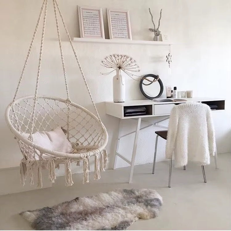 Nordic Style Hanging Basket Ins Hanging Chair Hammock Cotton Rope Woven Hanging Basket Tassel Swing Outdoor for Child Adult