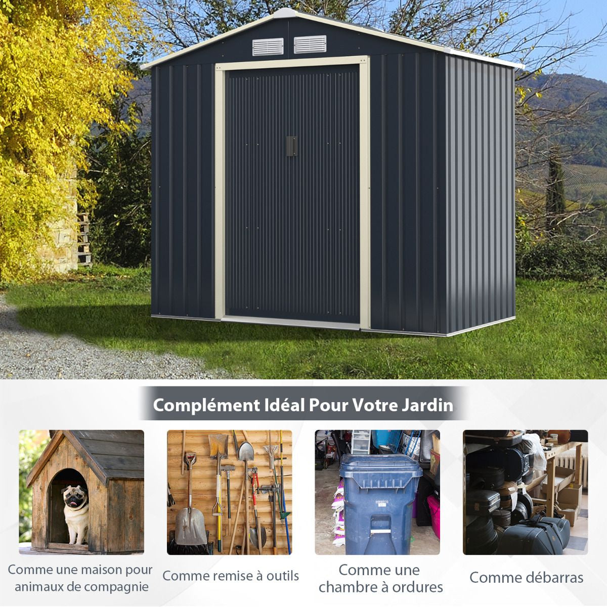 Abri De Jardin En Métal 4,07 ㎡ 213 X 191 X 195 Cm/2,71 ㎡ 213 X 127 X 195 Cm/1.36 ㎡ 213 X 64 X 195 Cm Avec 2 Portes Coulissantes Verrouillables 4 Trous D’Aération Gris Pour Vélo