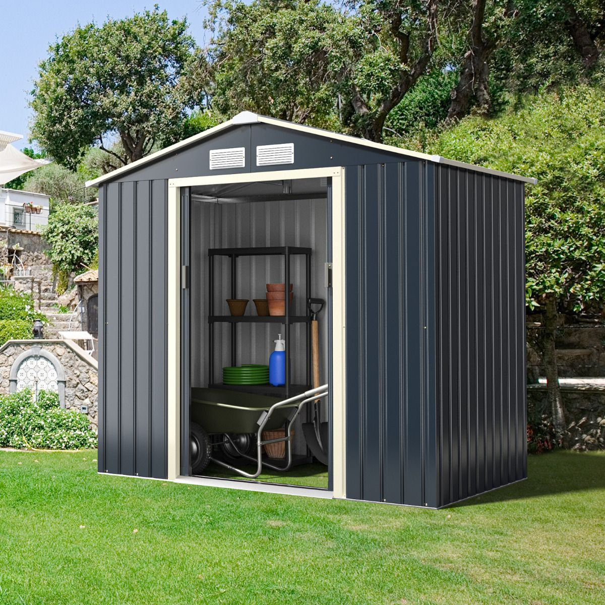 Abri De Jardin En Métal 4,07 ㎡ 213 X 191 X 195 Cm/2,71 ㎡ 213 X 127 X 195 Cm/1.36 ㎡ 213 X 64 X 195 Cm Avec 2 Portes Coulissantes Verrouillables 4 Trous D’Aération Gris Pour Vélo