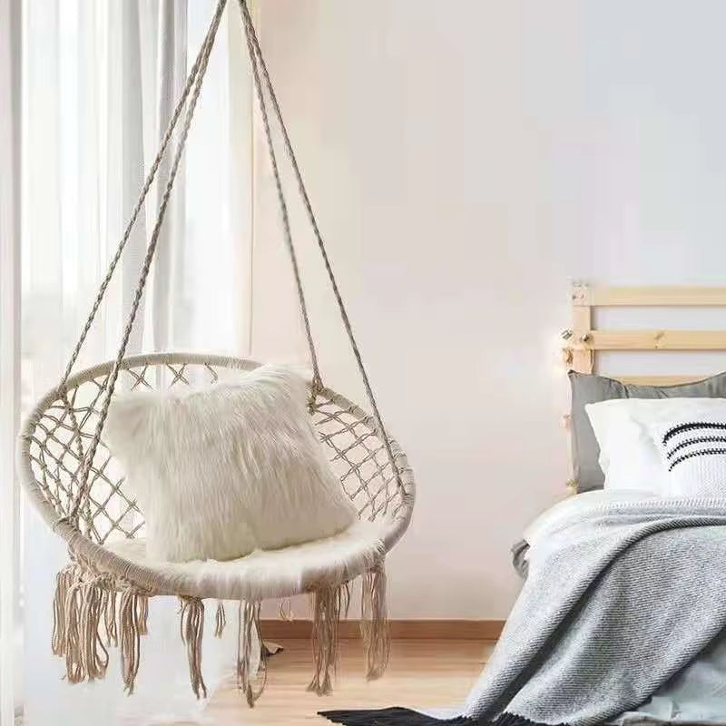Nordic Style Hanging Basket Ins Hanging Chair Hammock Cotton Rope Woven Hanging Basket Tassel Swing Outdoor for Child Adult