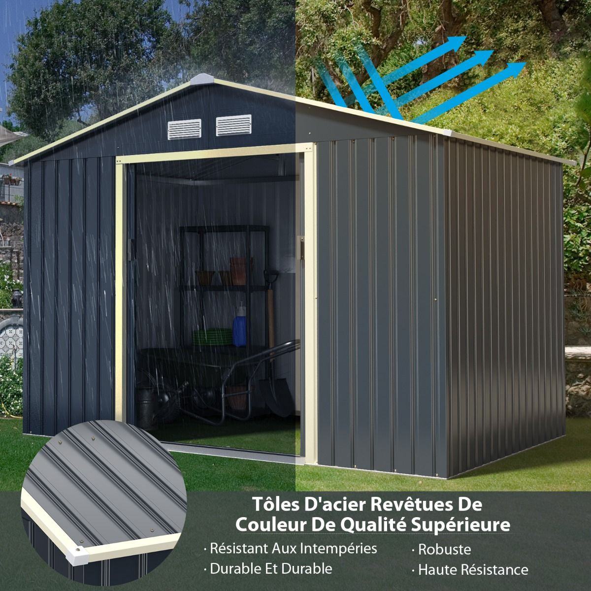 Abri De Jardin En Métal 5,29 ㎡277 X 191 X 202 Cm Avec 2 Portes Coulissantes Verrouillables 4 Trous D’Aération Gris Pour Vélo