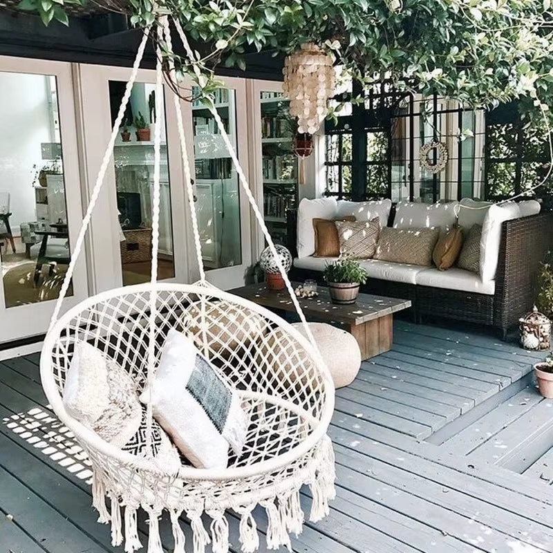 Nordic Style Hanging Basket Ins Hanging Chair Hammock Cotton Rope Woven Hanging Basket Tassel Swing Outdoor for Child Adult