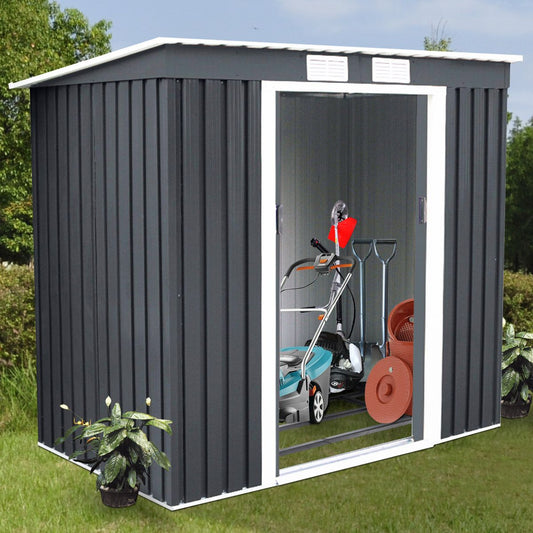 Abri De Jardin En Tôle Galvanisée Cabane De Rangement À Outils Porte Double 2 Aérations, 213X130X173Cm, Gris Et Blanc